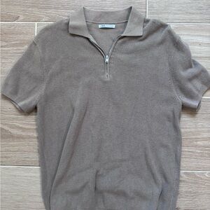Zara Beige Knit Polo with Zip Collar